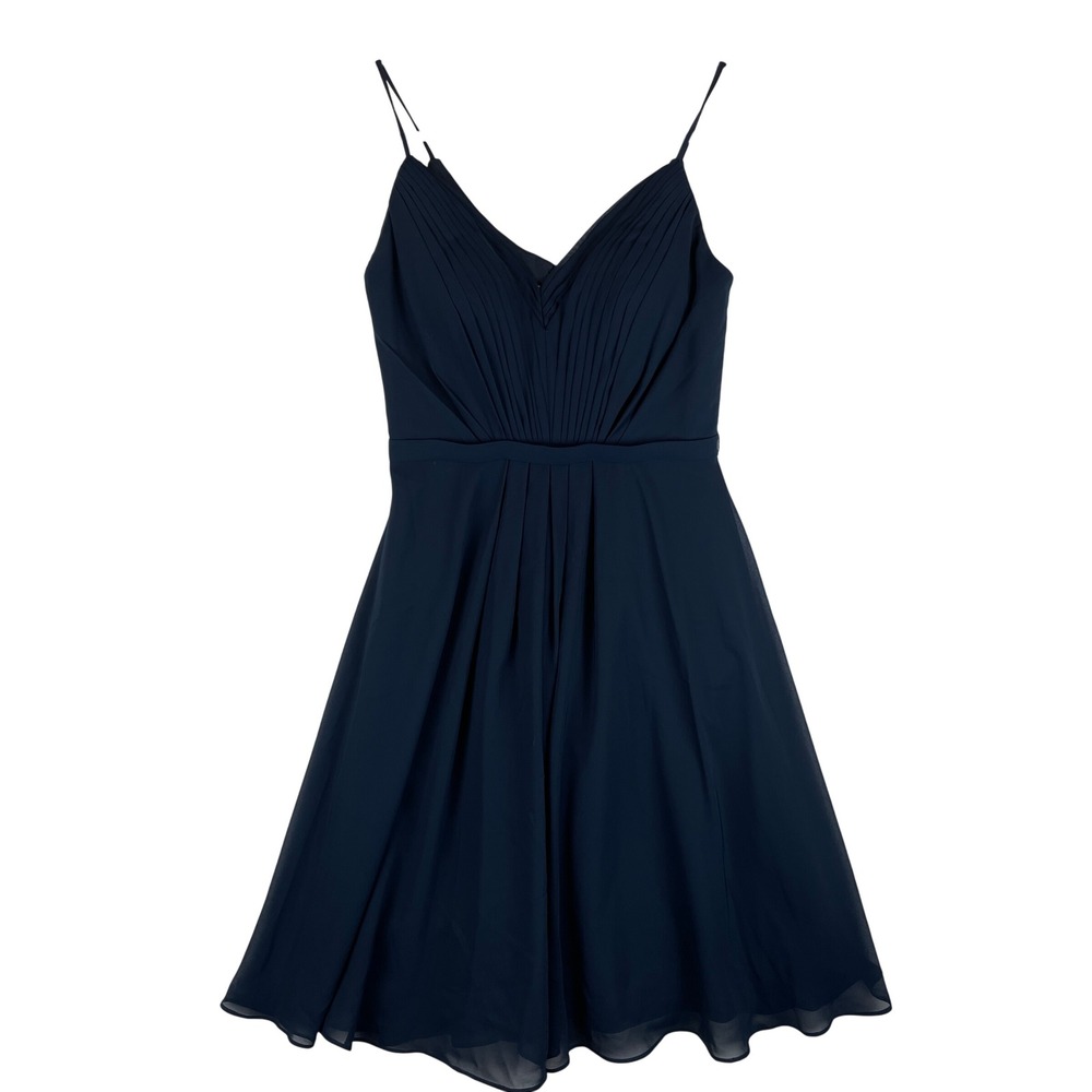 JJ's House Navy Blue Chiffon Pleated V-Neck A-Line Cocktail Dress Womens Size 0